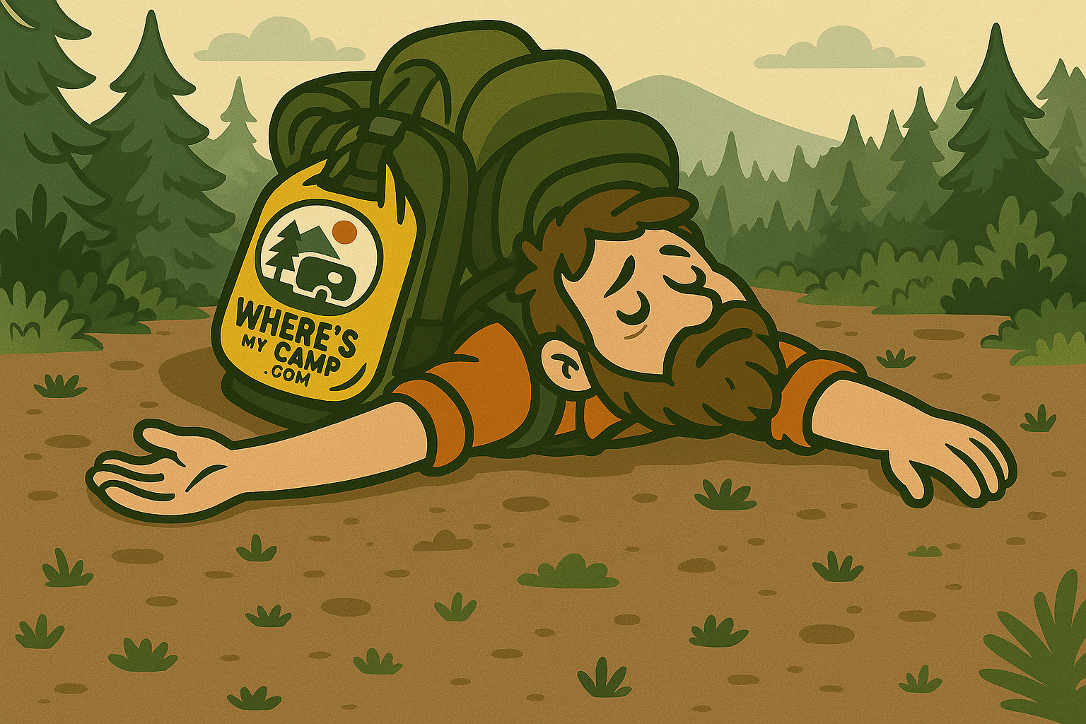 Backpacker with Where’s My Camp tag on the pack