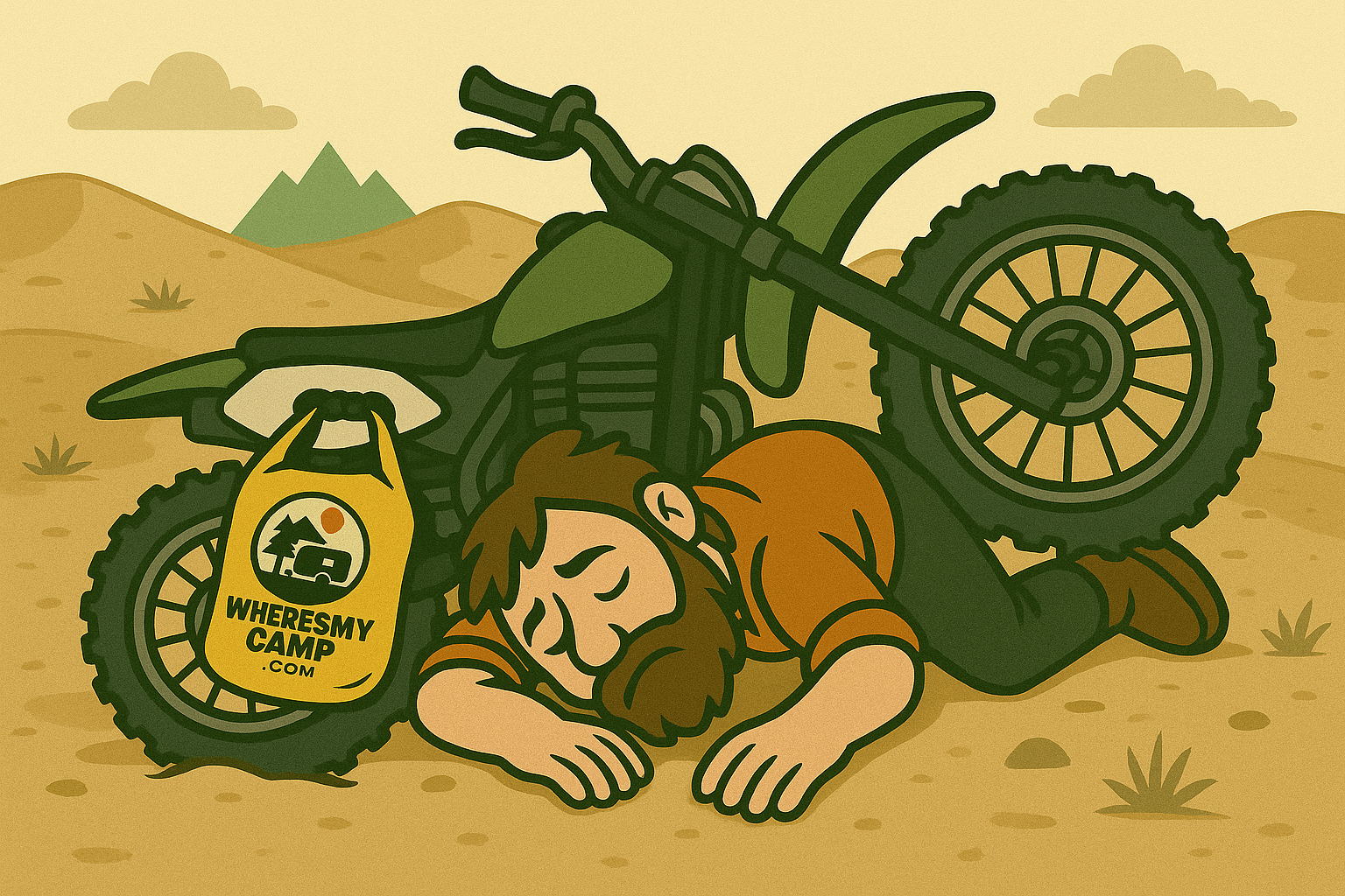 Dirt bike down; Where’s My Camp tag attached